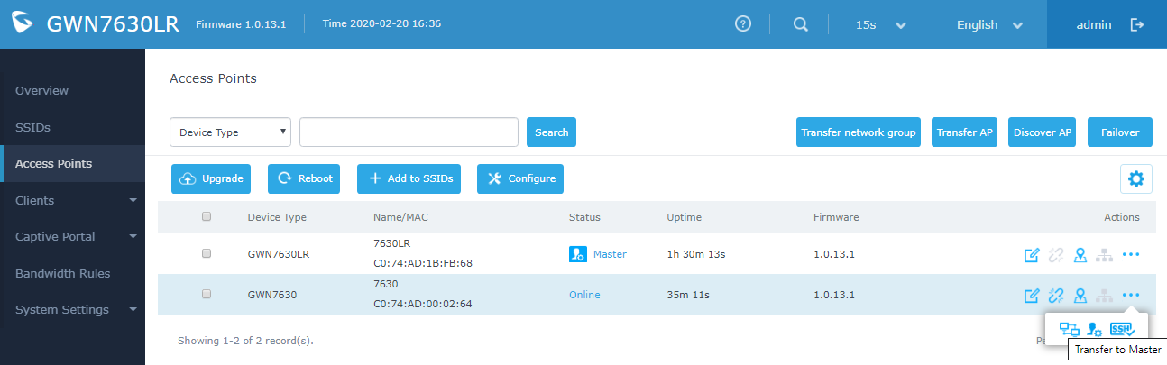 Fig.E GWN7630 Status  Screen-Transfer to Master Wi-Fi Controller upper part of the image